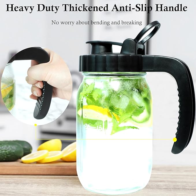 Glass Mason Jars Pitcher 32 Oz Pour Spout Lids & Handle (2 Set) Wide Mouth Airtight Leak Proof Fridge Breast Milk Pitcher With Top Flip Cap 1 Quart Water Jug For Cold Brew Coffee, Iced Tea, Beverage