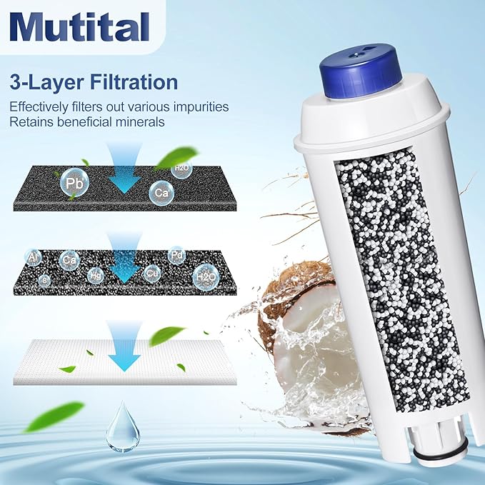 Coffee Machine Fitler, Delonghi Filter Replacement for DeLonghi DLSC002, Delonghi Magnifica Evo, Dinamica Plus, ESAM, ETAM, BCO, EC. Activated Carbon Water Filter Cartridges Softener (4 Pcs)