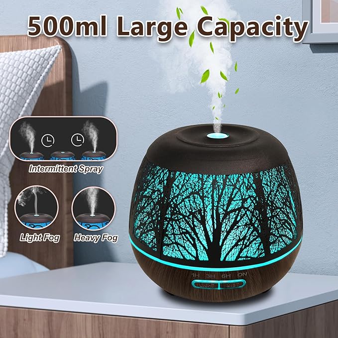 Essential Oil Diffuser for Home,500ML Aromatherapy Diffusers for Essential Oils Large Room with Cool Mist Humidifiers for Bedroom,7 Colors Changed & 3 Mist Mode Automatic Shut-Off,Tree