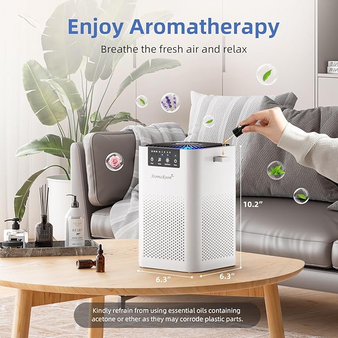 AromaRoom Air Purifiers for Bedroom, Hepa Air Purifiers for Home Pet Pee Smell with Aromatherapy, Quiet 360° Airflow Air Cleaner 3-in-1 Filter for Office, Dorm, Apartment, Kitchen, AP102-White, 2Packs