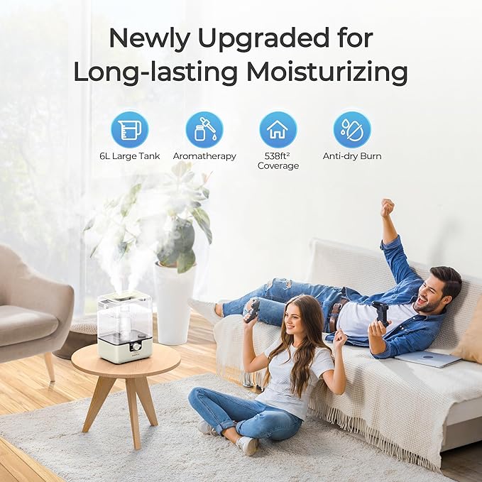CHIVALZ Humidifiers for Bedroom, 6L Cool Mist Humidifiers for Baby Nursery, 26dB Quiet, 50H Runtime, Top Fill Humidifier for Large Room, Home, Plants, Nightlight, Oil Diffuser 1 Pack
