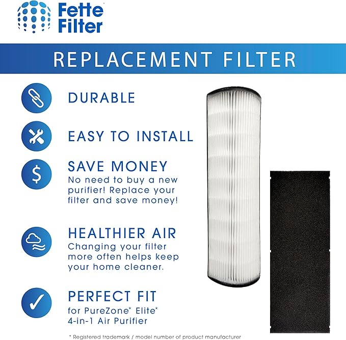 2-in-1 True HEPA Replacement Filter Compatible with Pure Enrichment PureZone Elite 4-in-1 Air Purifier (PEAIRTWR), Carbon Activated Pre-filter + True HEPA Air Filter, 2 Pack