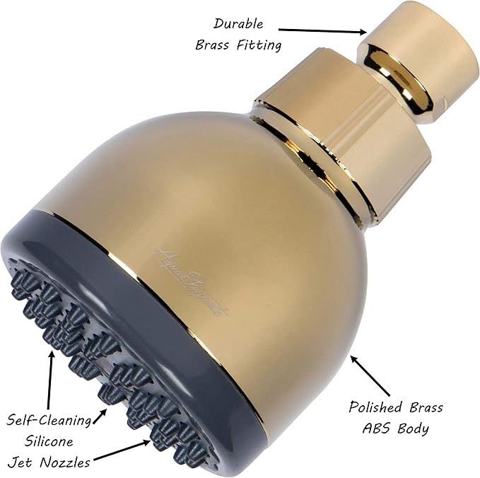 Aqua Elegante Low Water Pressure Shower Heads - Best High Pressure Boosting Wall Mount Showerhead - Indoor And Outdoor Modern Bath Spa Head, 2.5 GPM - Polished Brass