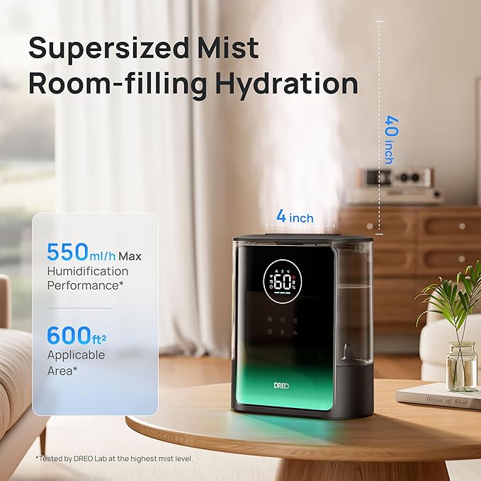 Dreo 8L Smart Humidifiers for Bedroom 600ftยฒ, 80H Runtime Warm&Cool Supersized Mist Humidifier for Large Room Indoor, Quiet Whole House humidifier for Baby, Plants, with Alexa/Google, Black, HM717S