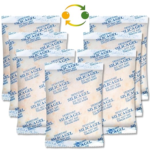 LotFancy Silica Gel Packets, 100 Gram 7 Packs Rechargeable Desiccant Dehumidifiers Packets, Moisture Absorber Drying Bag with Orange Indicator, Non-Toxic, Odorless