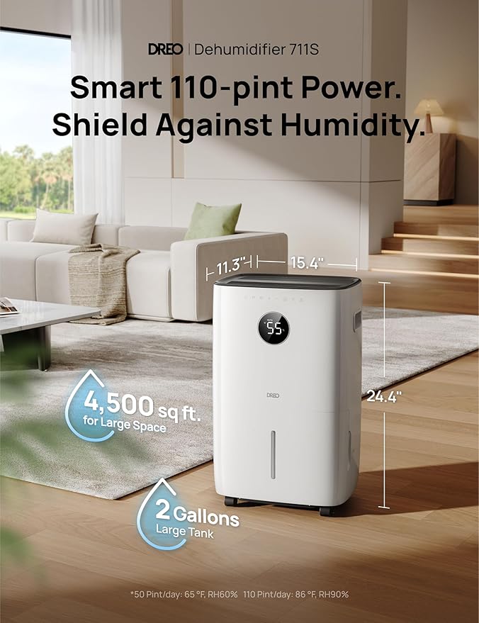 Dreo 110-Pint Smart Dehumidifier for Basement, 4500 Ft² for Large Room, 2 Gallon Water Tank, Auto/Comfort/Constant Mode Dehumidifiers for Home, Bedroom, Bathroom, with Drain Hose, Black, 711S
