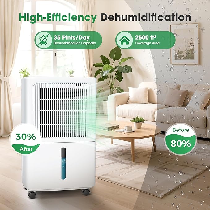 Dehumidifiers for Home with Drain Hose,55 OZ Water Tank, 2500 Sq.Ft 35 Pints Dehumidifiers for Basement, Bathroom, Bedroom, Three Modes, Smart Humidity Control, Dry Clothes, 24H Timer, White