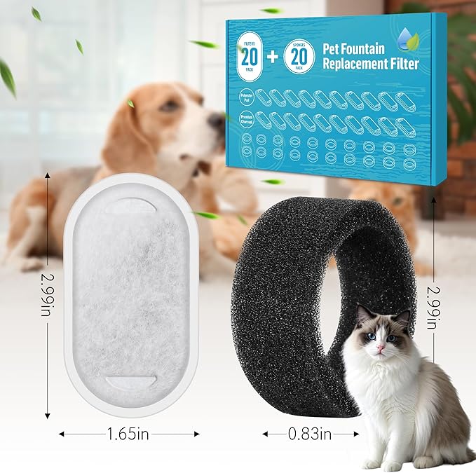 Cat Drinking Fountain Replacement Filter - Fits 67 oz/2 L and 108 oz/3.2 L Stainless Steel Drinkers - Activated Carbon and Ion Exchange Resin Filter - Pet Drinking Fountain Filters (20 Pack)