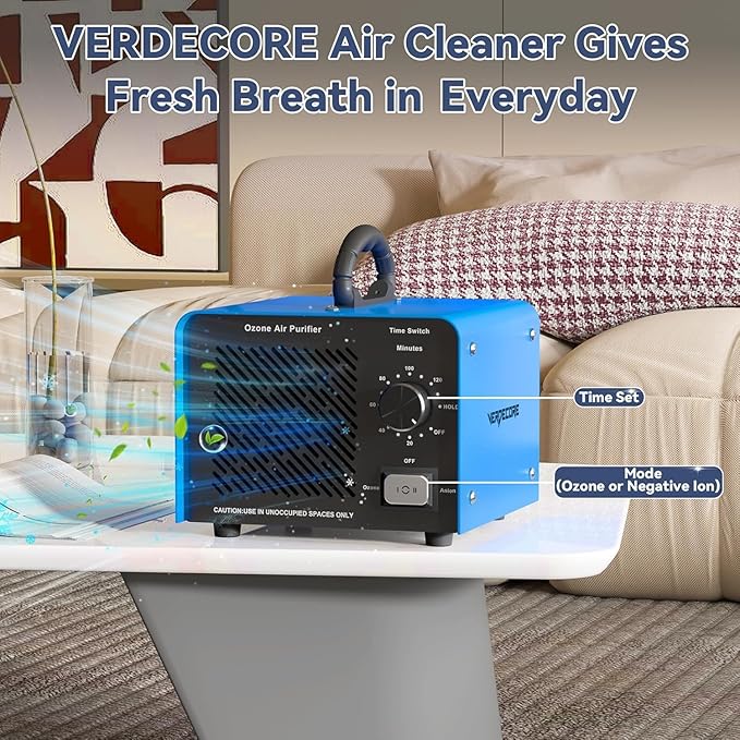 125,000mg/h Ozone Generator, High Capacity Ozone Machine & Negative Ion Air Purifier O3 Air Ionizer Odor Removal for Home, Car, Pets, Basement Covers up to 2500 Sq.Ft. (Blue)