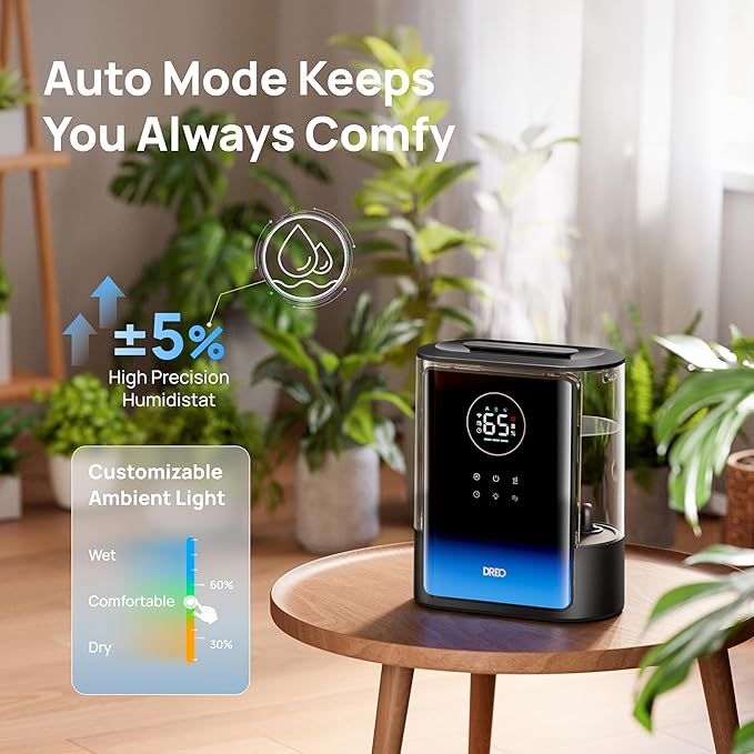 Dreo 8L Smart Humidifiers for Bedroom 600ftยฒ, 80H Runtime Warm&Cool Supersized Mist Humidifier for Large Room Indoor, Quiet Whole House humidifier for Baby, Plants, with Alexa/Google, Black, HM717S