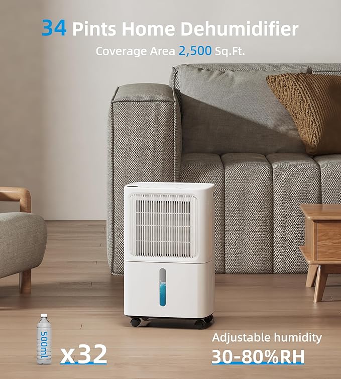 VEAGASO 2500 Sq. Ft Dehumidifier for Basement, 34 Pint Dehumidifiers For Home, Large Room, Auto Drain or Manual Drainage, Digital Control Panel, Auto Defrost, 24H Timer