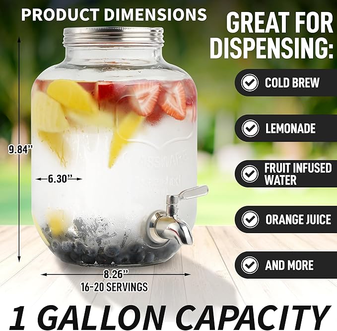 Zulay Kitchen 1 Gallon Cold Brew Coffee Maker - Large Iced Tea & Cold Brew Pitcher with Extra-Thick Glass & Stainless Steel Infuser - Cold Brew Coffee Maker with Airtight Lid & Spout (Silver)