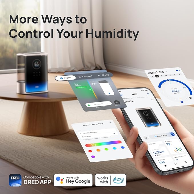 Dreo 8L Smart Humidifiers for Bedroom 600ftยฒ, 80H Runtime Warm&Cool Supersized Mist Humidifier for Large Room Indoor, Quiet Whole House humidifier for Baby, Plants, with Alexa/Google, Starlight,HM717S