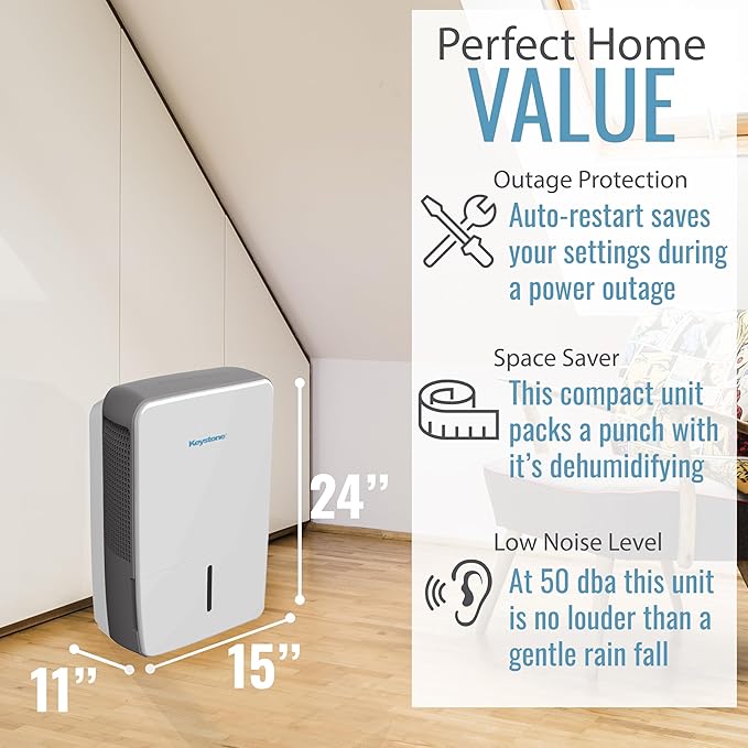 Keystone Energy Star 35-Pint Portable Dehumidifier for Extra Large Rooms up to 1,500 Sq.Ft. with Auto-Shutoff & Timer - Quiet Home Dehumidifier and Moisture Absorber For Basement, Garage, Living Room