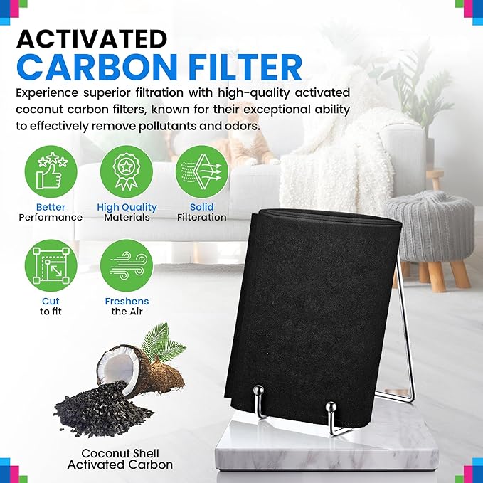 Cut to Fit Activated Carbon Filter Sheet 16” x 48” - Activated Carbon Air Filter for Air Purifiers Window AC Air Vent And More - Charcoal Filters Effectively Remove Odors & Freshens the Air (2-Pack)