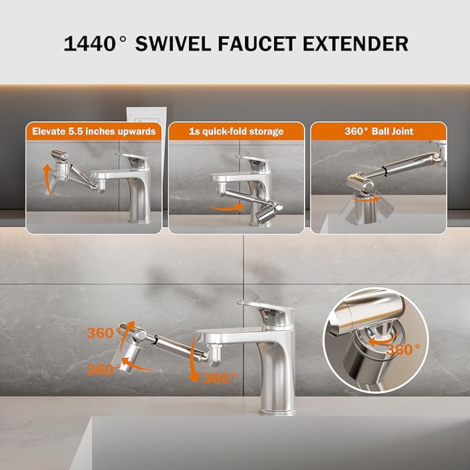 Frizzlife 1440° Swivel Faucet Extender Sink Aerator, 3-Mode Sprayer Water Filter Extension, 1080° Robotic Arm + 360° Rotating Universal Tap Attachment For Bathroom/Kitchen & Washing Hair/Face/Kids Use