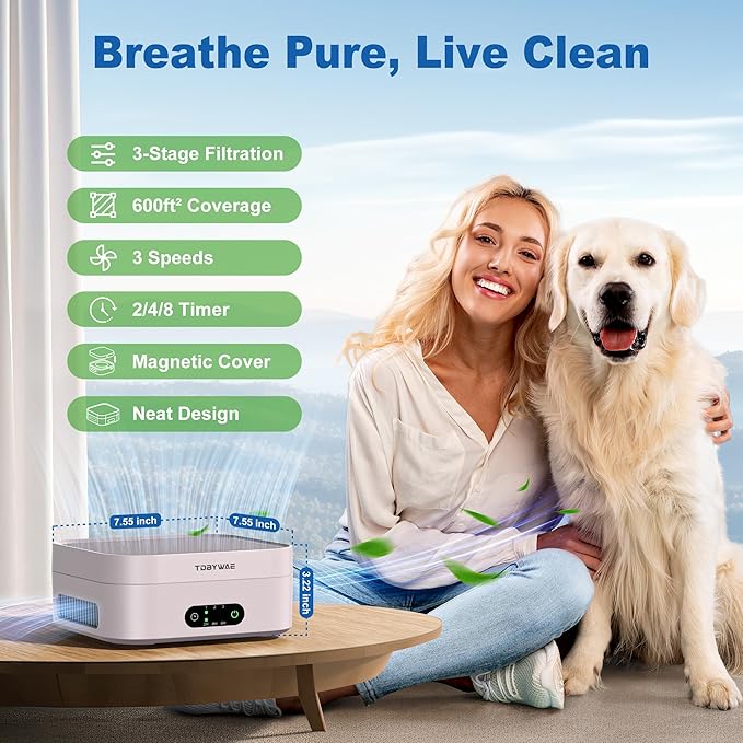 Air Purifiers for Home, TDBYWAE Air Purifier for Bedroom Up to 600 ft², H13 True HEPA Air Purifier for Pets Dust Dander Pollen Odor Smoke, with New Quiet Wind Wheel System, for Desk/Car/Travel(Pink)