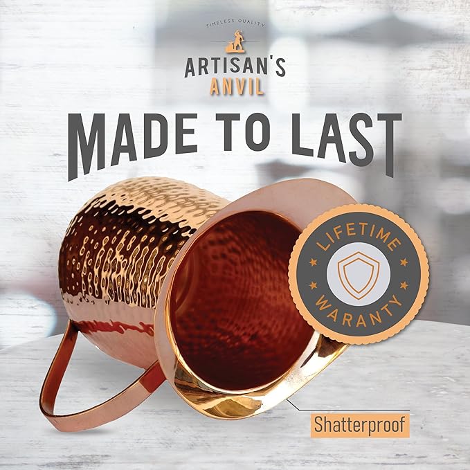 Artisan’s Anvil Copper Pitcher w/Copper Handle and Lid, Pure 100% Hammered Vessel, Heavy Duty Copper Jug, Handmade, 70 fl. Oz, Best for Water, Ayurveda, Moscow Mule, Cocktails