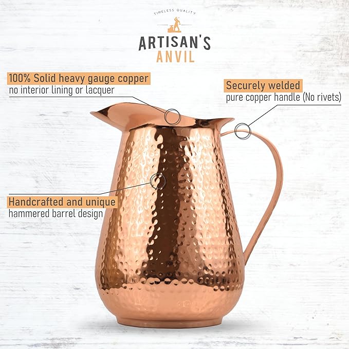 Artisan’s Anvil Copper Pitcher w/Copper Handle and Lid, Pure 100% Hammered Vessel, Heavy Duty Copper Jug, Handmade, 70 fl. Oz, Best for Water, Ayurveda, Moscow Mule, Cocktails