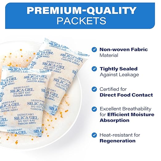 LotFancy Silica Gel Packets, 100 Gram 7 Packs Rechargeable Desiccant Dehumidifiers Packets, Moisture Absorber Drying Bag with Orange Indicator, Non-Toxic, Odorless