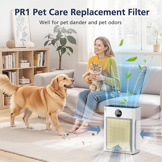 PR1 Replacement Filter for Mooka PR1 Air Purifier for Home Large Room up to 2200sq.ft, 2 Pack 3-in-1 HEPA Activated Carbon, with 4Pcs Washable Filter for Pets,Yellow