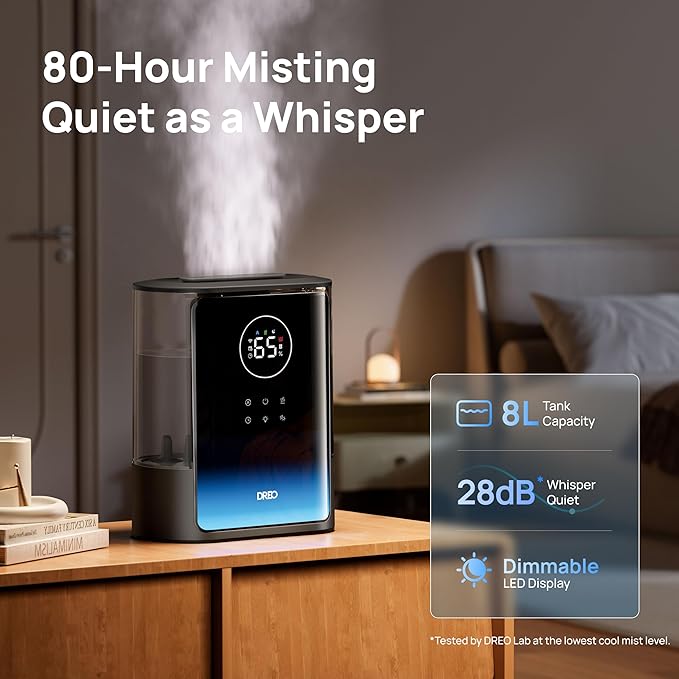 Dreo 8L Smart Humidifiers for Bedroom 600ftยฒ, 80H Runtime Warm&Cool Supersized Mist Humidifier for Large Room Indoor, Quiet Whole House humidifier for Baby, Plants, with Alexa/Google, Black, HM717S