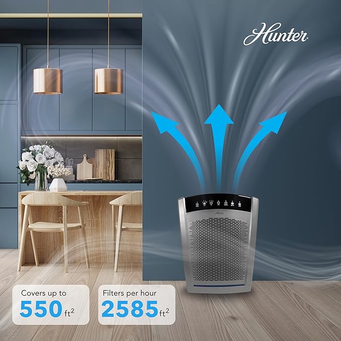 Hunter HP850 Air Purifiers for Home Large Room and Bedroom. True HEPA Air Purifier for Pets, Odors, Allergens, Smoke, Dust. 4 Fan Speeds, Quiet Sleep Mode, UV Mode. Filters 2585 Ft² per hour. White