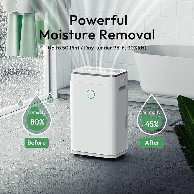 50 Pint 4500 Sq.Ft Home Dehumidifiers, 1.7 Gallon Tank Dehumidifier for Basement with Drain Hose, Auto/Quiet Sleep/Dry Mode