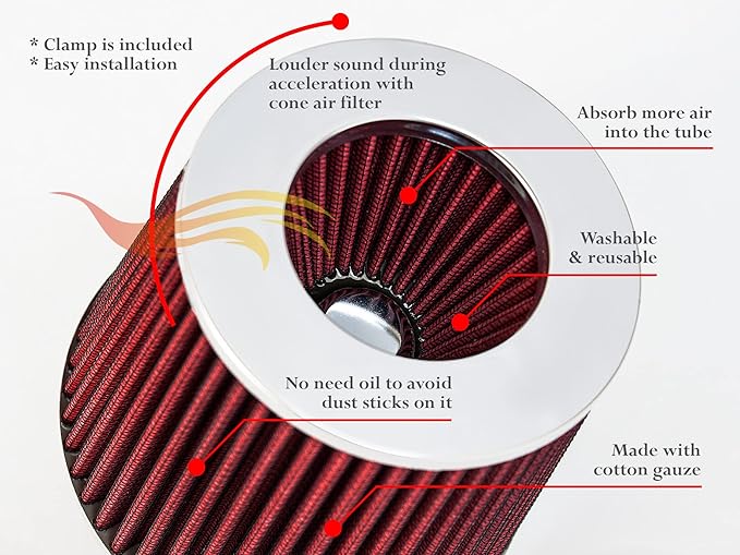 RED 2.75" 70 mm Inlet Cold Air Cone Replacement Quality Performance Washable Clamp-On Dry Air Filter