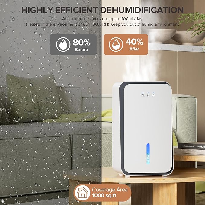 Dehumidifier for Home, 1000 sq.ft Dehumidifier with Auto Shut Off, 7-Color LED Light Built-in Aromatherapy Diffuser, Ultra-Quiet Dehumidifiers for Bedroom, Bathroom, Basement (Pale White)