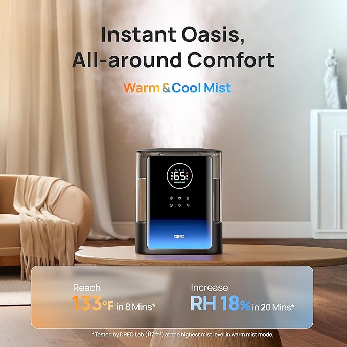 Dreo 8L Smart Humidifiers for Bedroom 600ftยฒ, 80H Runtime Warm&Cool Supersized Mist Humidifier for Large Room Indoor, Quiet Whole House humidifier for Baby, Plants, with Alexa/Google, Black, HM717S