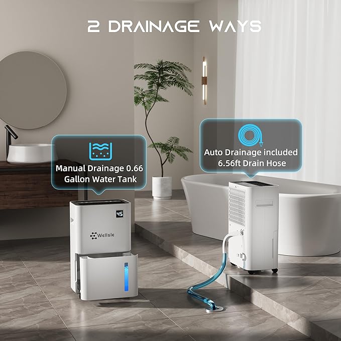3500 Sq.Ft Dehumidifier, Wellsle 50 Pint Dehumidifiers for Home and Basement with Drain Hose, Ultra-Quiet Bedroom Dehumidifier - Intelligent Humidity Control - 24 Hour Timer