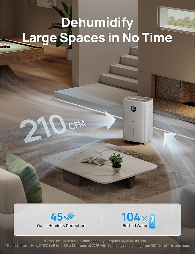 Dreo 110-Pint Smart Dehumidifier for Basement, 4500 Ft² for Large Room, 2 Gallon Water Tank, Auto/Comfort/Constant Mode Dehumidifiers for Home, Bedroom, Bathroom, with Drain Hose, Starlight, 711S