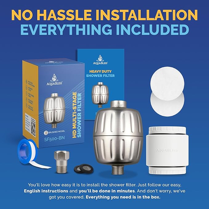 AquaBliss HEAVY DUTY Shower Filter – Latest Superior Advanced 30x Filtration - Universal Multi-Stage Shower Head Filter Reduces Chemicals, Chlorine & Odors - Brushed Nickel (SF500)