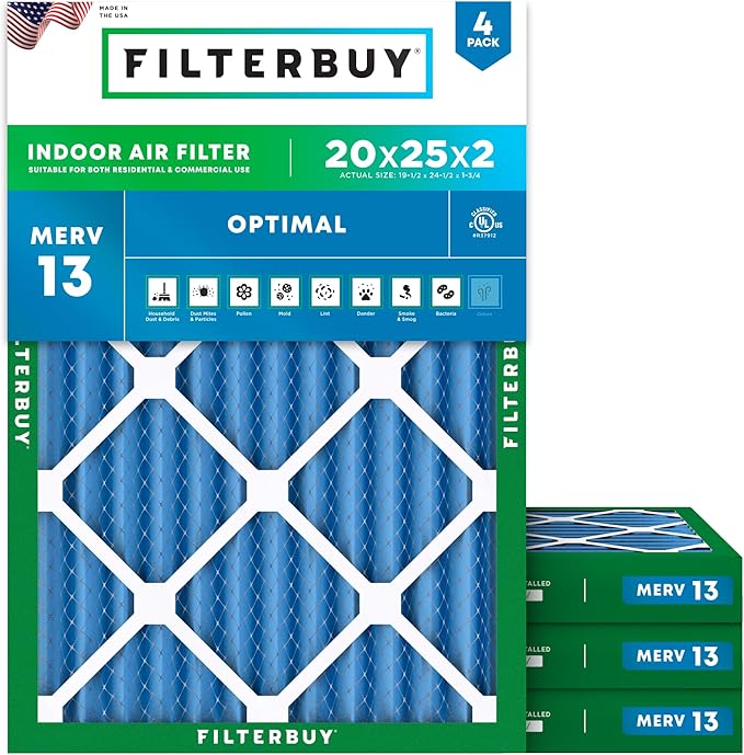 Filterbuy 20x25x2 Air Filter MERV 13 (MPR 1900) Health Defense Replacement (4-Pack), Electrostatic Pleated HVAC AC Furnace Filters, Made in USA (Actual Size: 19.50 x 24.50 x 1.75)