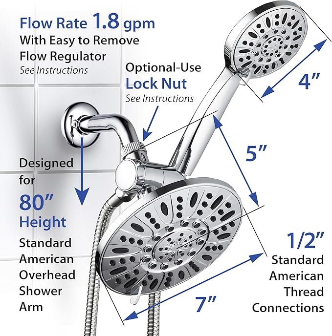 AquaDance for California - 7" Premium High Pressure 3-Way Rainfall Combo for Best of Both Worlds - Enjoy Luxury 6-Setting Rain Showerhead and Hand Held Shower Separately or Together - Chrome Finish