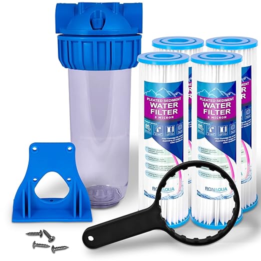 10 Inches Transparent Standard Whole House Water Filter System with Presser Relief Valve, 3/4ā Inlet/Outlet Brass Port and Yearly Supply (4) Pleated Sediment Cartridges 5 Micron