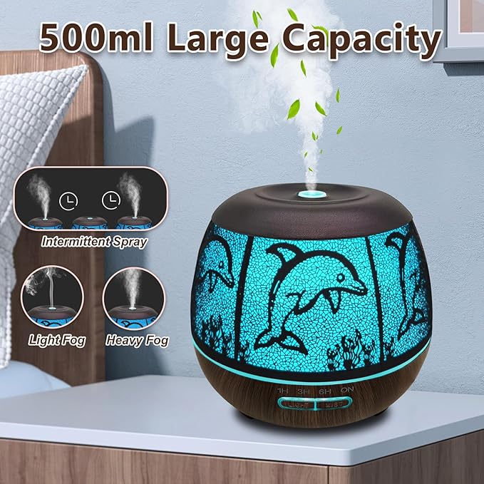 Essential Oil Diffuser for Home,500ML Aromatherapy Diffusers for Essential Oils Large Room with Cool Mist Humidifiers for Bedroom,7 Colors Changed & 3 Mist Mode Automatic Shut-Off - Dolphin