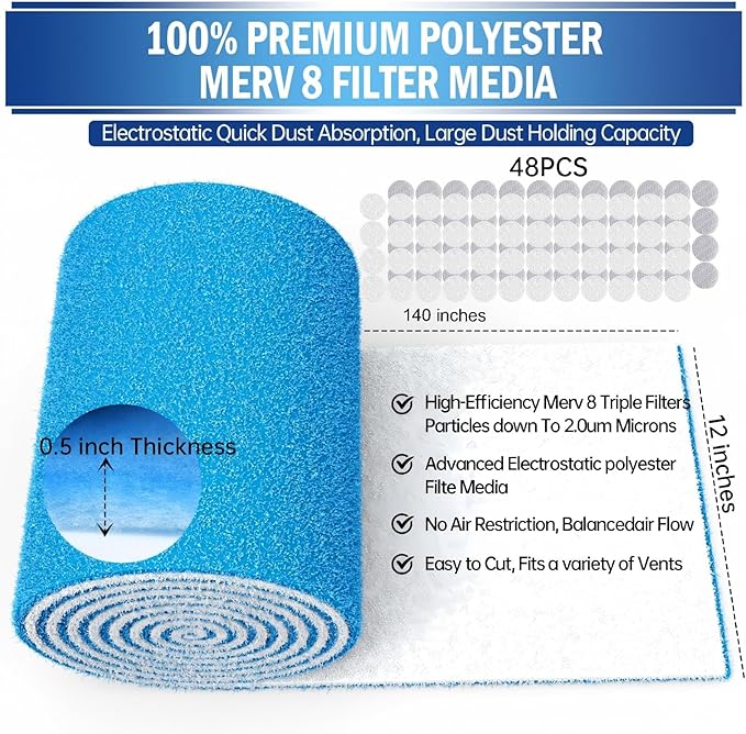 UBeesize Air Vent Filters, 140" x 12" Cut to Size Air Filter Material (60+ Filters), MERV 8 Triple Vent Filter Kit for Home Floor, Grilles, Ceiling, HVAC Furnace Vents, With 48PCs Adhesive Hook Tape