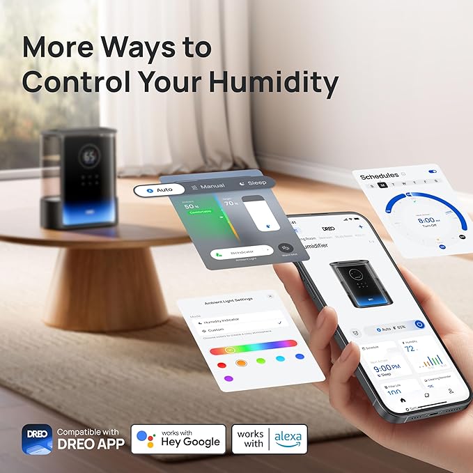 Dreo 8L Smart Humidifiers for Bedroom 600ftยฒ, 80H Runtime Warm&Cool Supersized Mist Humidifier for Large Room Indoor, Quiet Whole House humidifier for Baby, Plants, with Alexa/Google, Black, HM717S