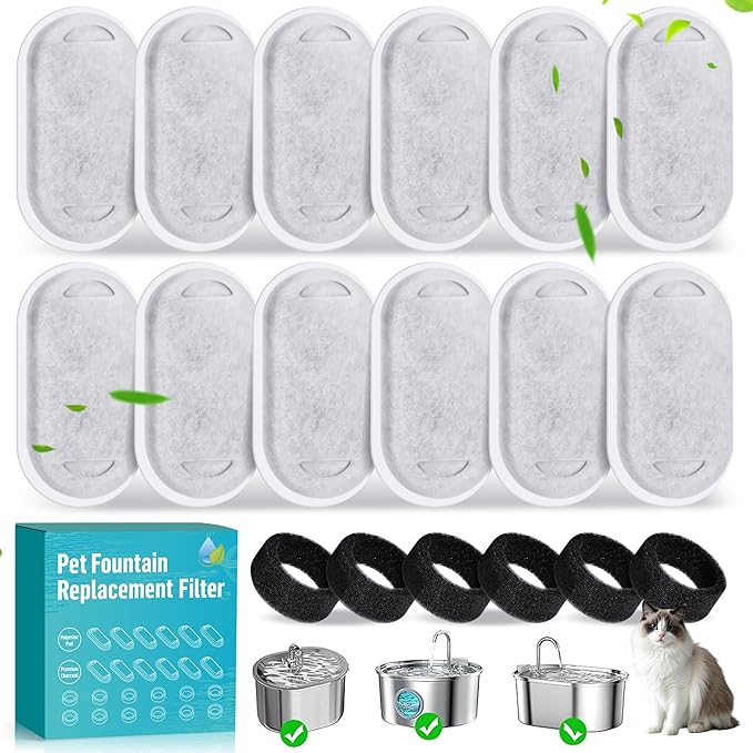Cat Drinking Fountain Replacement Filter - Fits 67 oz/2 L and 108 oz/3.2 L Stainless Steel Drinkers - Activated Carbon and Ion Exchange Resin Filter - Pet Drinking Fountain Filters (12 Pack)