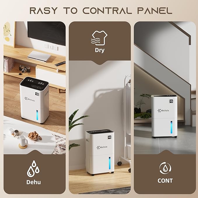 3500 Sq.Ft Dehumidifier, Wellsle 50 Pint Dehumidifiers for Home and Basement with Drain Hose, Ultra-Quiet Bedroom Dehumidifier - Intelligent Humidity Control - 24 Hour Timer