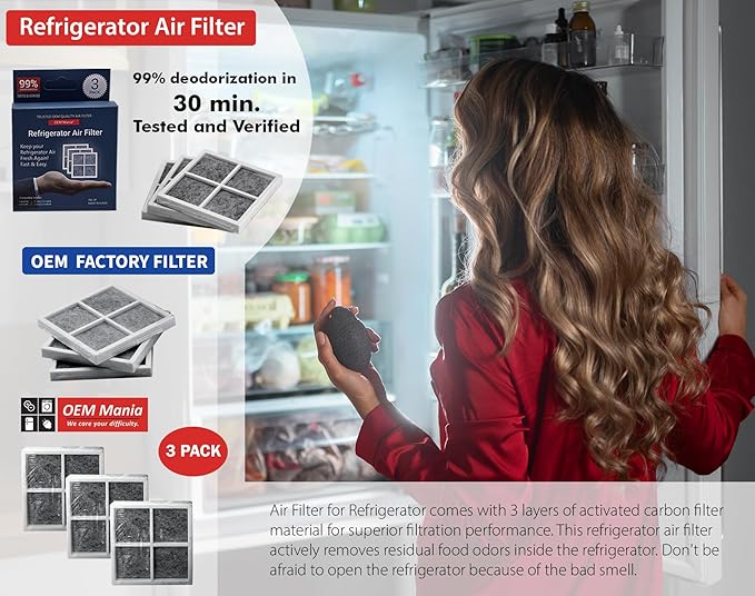 LT120F 3 Pack Air Filter - Perfect Fit/No Carbon Powder 6 Month Replacement Fridge Fresh Air System - Compatible Models: LG LT120F, Kenmore Elite 469918, ADQ73214404, ADQ73334008