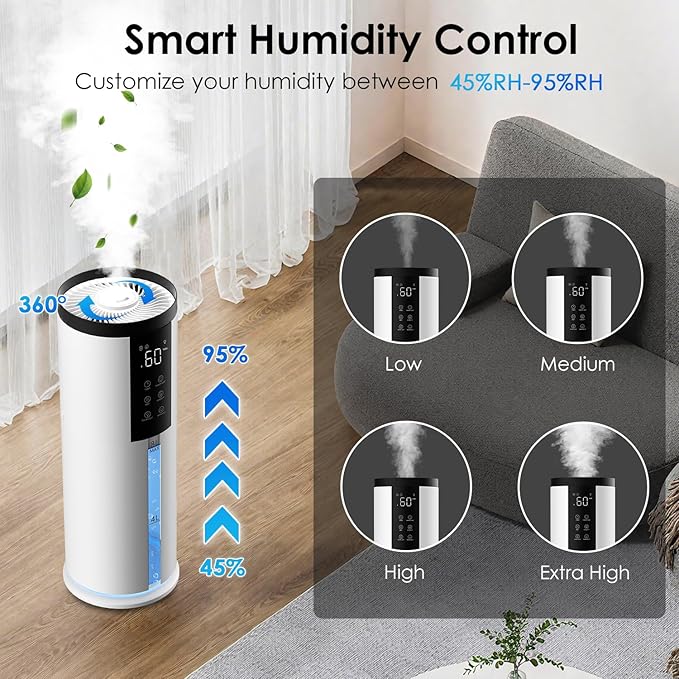Humidifiers for Bedroom - GloryAir 2.11Gal (8L) Quiet Top Fill Cool & Warm Mist Humidifier Large Room 650 ftΒ² with Humidistat, diffuser, Auto Mode, 7-Color Light for Plants, Baby,Adults, Office & Home