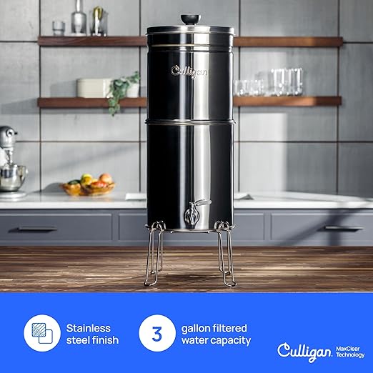 Culligan with MaxClear Technology 3 Gallon Gravity Water Filter System, Polished Countertop Ceramic Water Filter NSF/ANSI Certified to Reduce Lead, Microplastics & Total PFAS, with 1 Filter