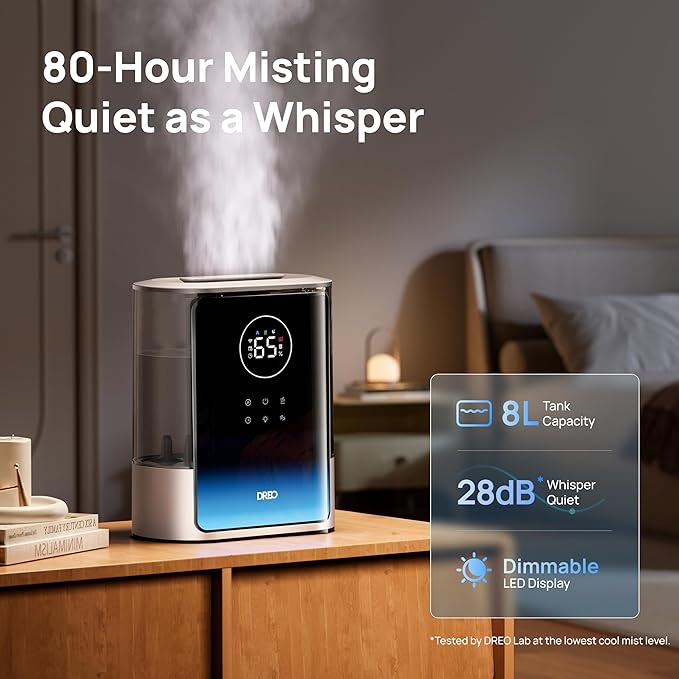 Dreo 8L Smart Humidifiers for Bedroom 600ftยฒ, 80H Runtime Warm&Cool Supersized Mist Humidifier for Large Room Indoor, Quiet Whole House humidifier for Baby, Plants, with Alexa/Google, Starlight,HM717S