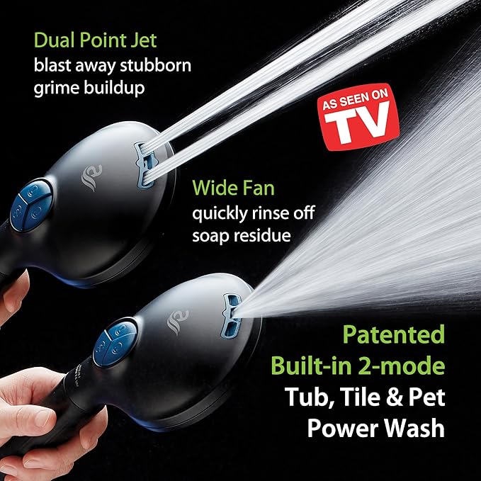 AquaCare High Pressure 10 Spray Mode Filtered Showerhead - Handheld Shower Head Filters Chlorine to Heal Dry Skin, Revive Hair - Dual Power Wash Cleans Tub, Tile, Pets - Hard Water Softener, Black