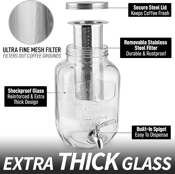 Zulay Kitchen 1 Gallon Cold Brew Coffee Maker - Large Iced Tea & Cold Brew Pitcher with Extra-Thick Glass & Stainless Steel Infuser - Cold Brew Coffee Maker with Airtight Lid & Spout (Silver)