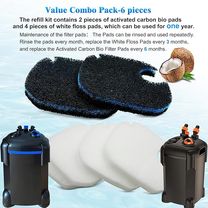 6 Pack Replacement Cotton White Floss and Activated Carbon Sponge Bio Filter Pads Refill for AMOSIJOY Aquarium Canister Filter, Compatible with PONDFORSE Canister Filter (Small for 172/225/265GPH)
