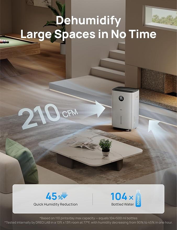 Dreo 110-Pint Smart Dehumidifier for Basement, 4500 Ft² for Large Room, 2 Gallon Water Tank, Auto/Comfort/Constant Mode Dehumidifiers for Home, Bedroom, Bathroom, with Drain Hose, Black, 711S